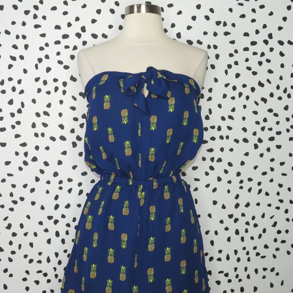 Francesca’s Alya Blue Strapless Pineapple Print Bow Front Romper - Picture 4 of 10